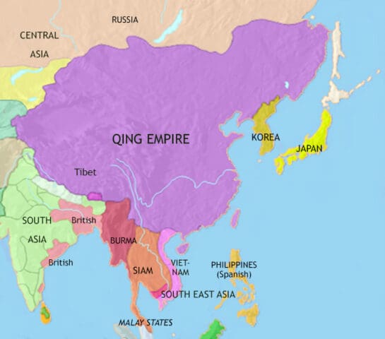 Map of East Asia in 1789 CE, when the Qing dynasty of China dominates the region and much of South East Asia. Japan remains isolated
