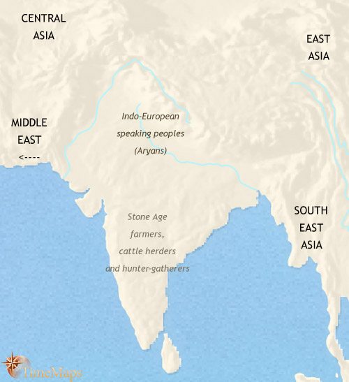 newsouthasia_1000bc Map of India and South Asia in 1000 BCE, Aryans are now living in villages and tribal states spread across northern India. The Vedic age begins. Hinduism founded.