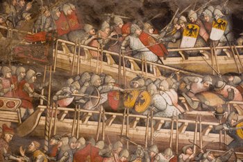 Battle between Venetian and Holy Roman fleets; detail of fresco by Spinello Aretino 1407-1408