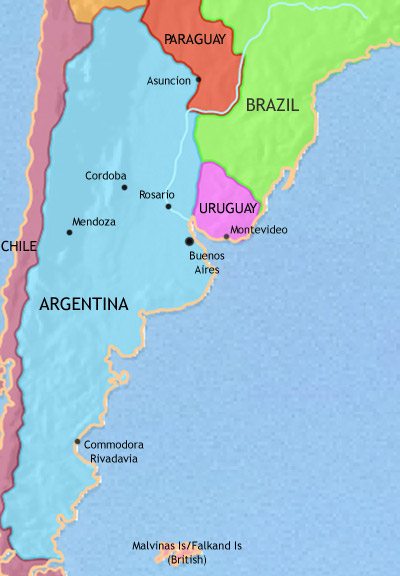 Map of Argentina, Paraguay and Uruguay at 1960CE
