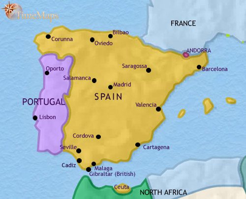 Map of Spain and Portugal at 1871CE