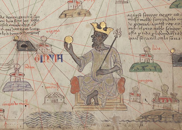 Ruler rulers, Mansa Musa holding a gold coin (from the 1375 Catalan Atlas). Public domain.