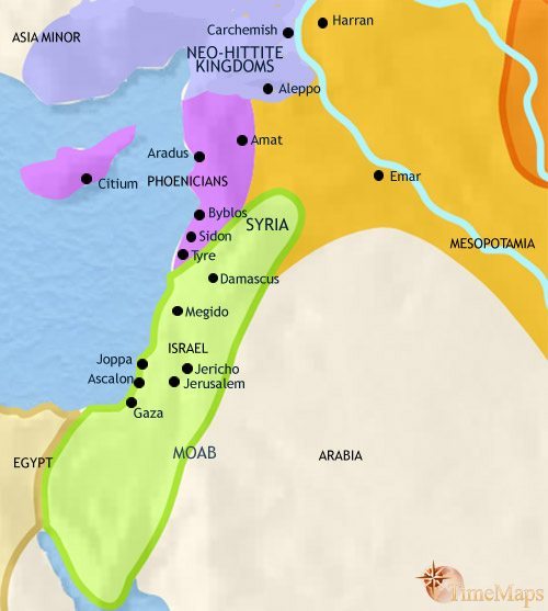 syria1000bc Map of Syria in 1000 BCE, after Hittite and Egyptian rule, when the Phoenician civilization is reaching its peak in the north and in Canaan the Israelites have formed a powerful kingdom.